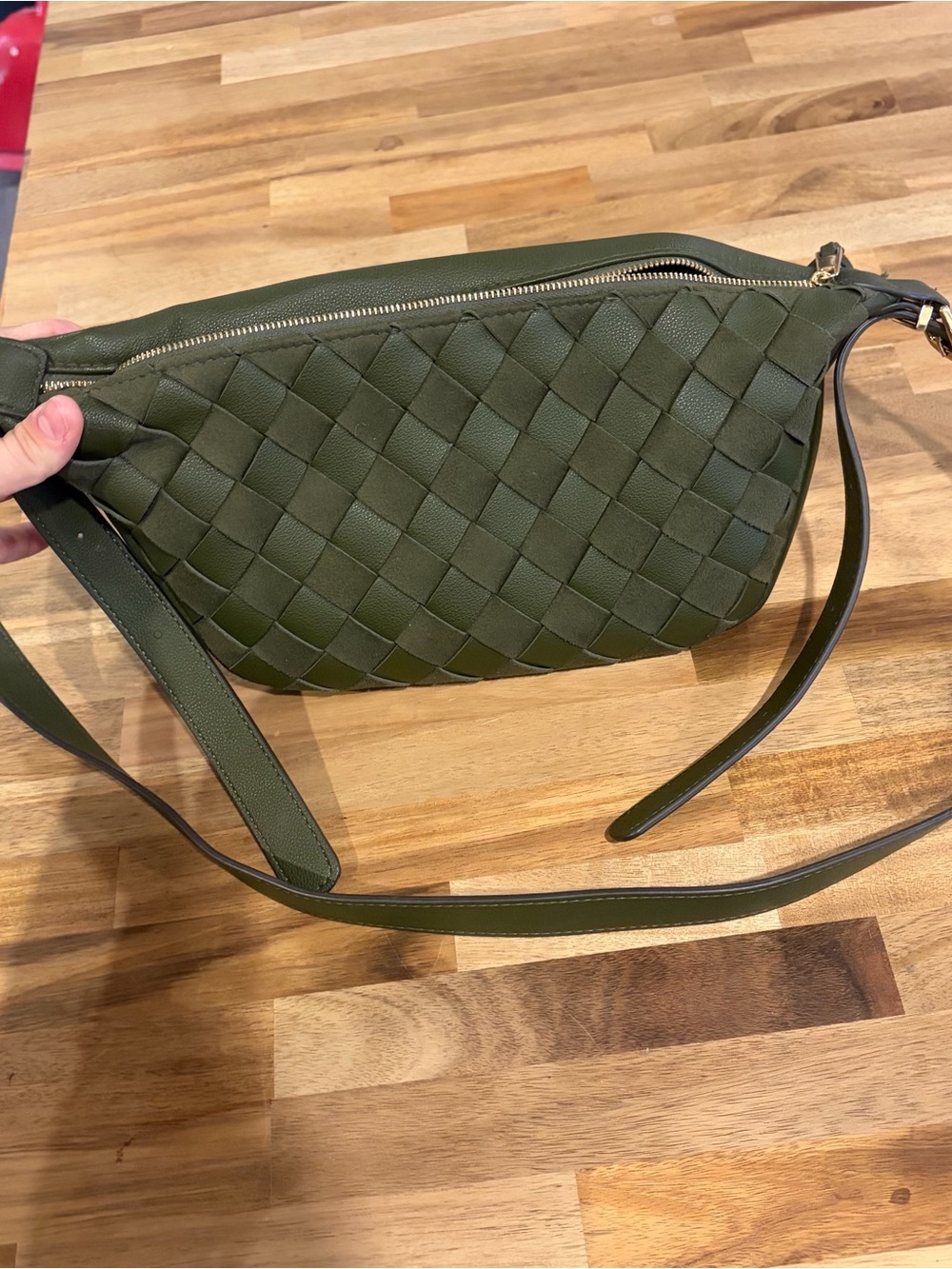 Olive Green Woven Leather Crossbody Bag